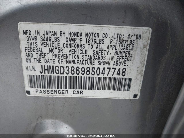 2008 HONDA FIT SPORT VIN: JHMGD38698S047748