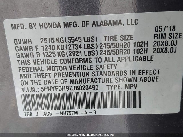 Honda Pilot Touring 2018 5FNYF5H97JB023490 Image 9