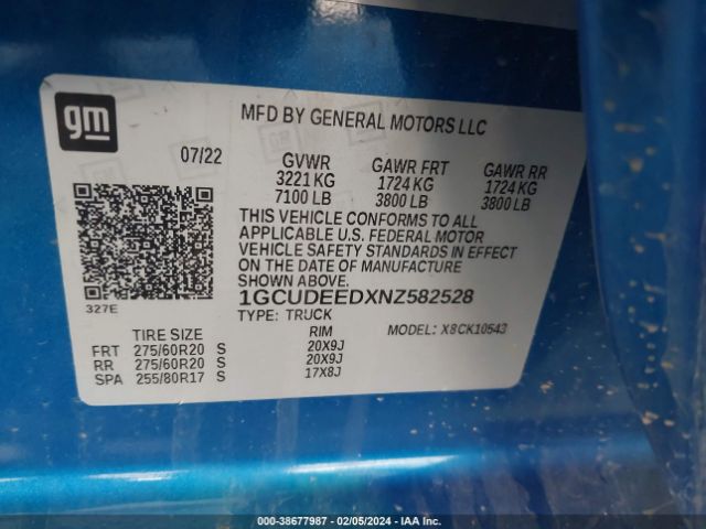 1GCUDEEDXNZ582528 Chevrolet Silverado 1500 4wd  Short Bed Rst