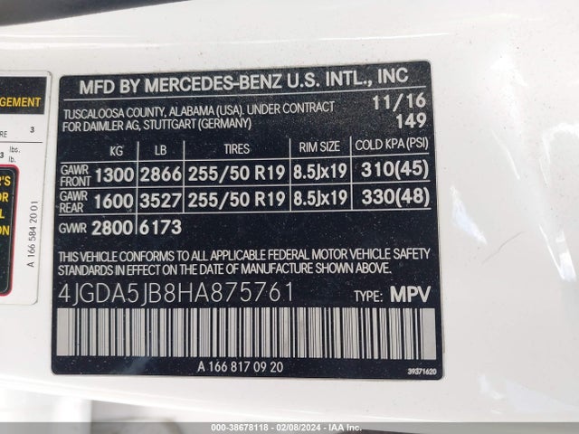 4JGDA5JB8HA875761 Mercedes-Benz GLE 350