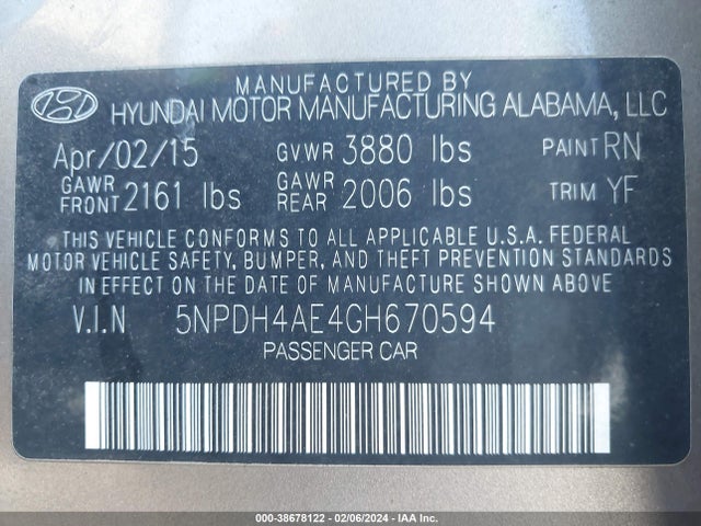2016 HYUNDAI ELANTRA SE VIN: 5NPDH4AE4GH670594