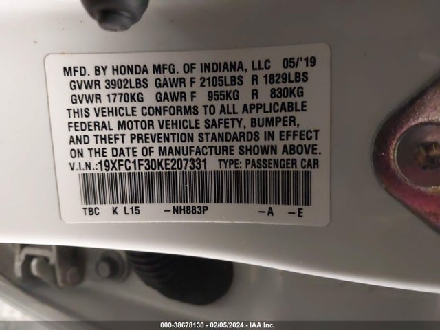 Honda CIVIC EX 2019 19XFC1F30KE207331 Image 9