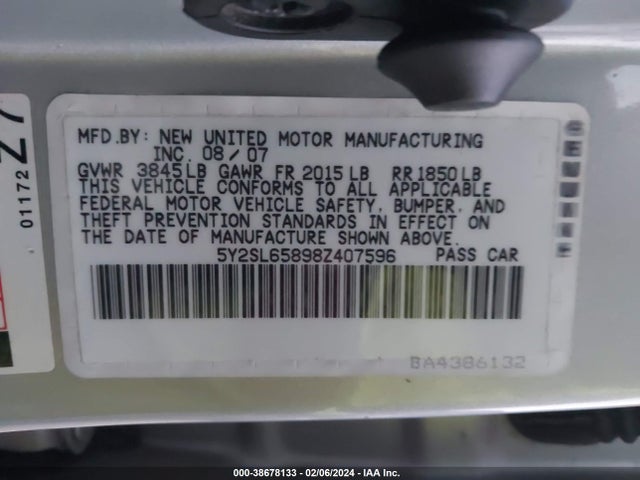 2008 PONTIAC VIBE VIN: 5Y2SL65898Z407596