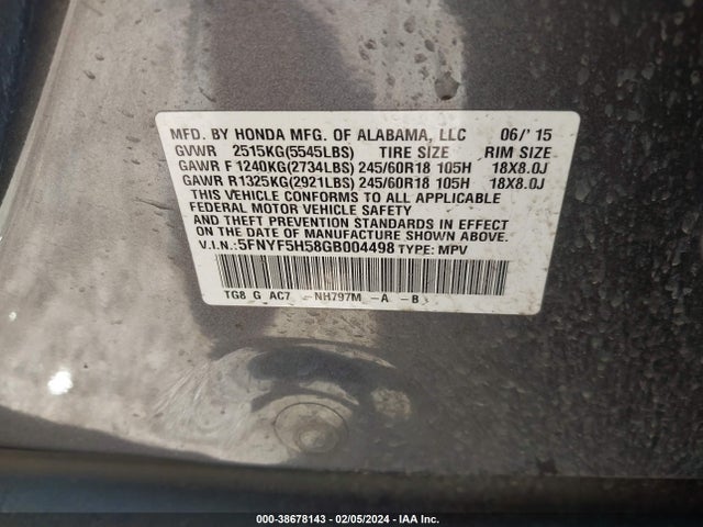 Honda Pilot Ex-l 2016 5FNYF5H58GB004498 Image 9