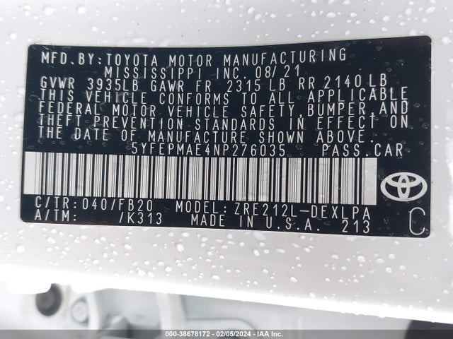 Toyota COROLLA LE 2022 5YFEPMAE4NP276035 Image 9