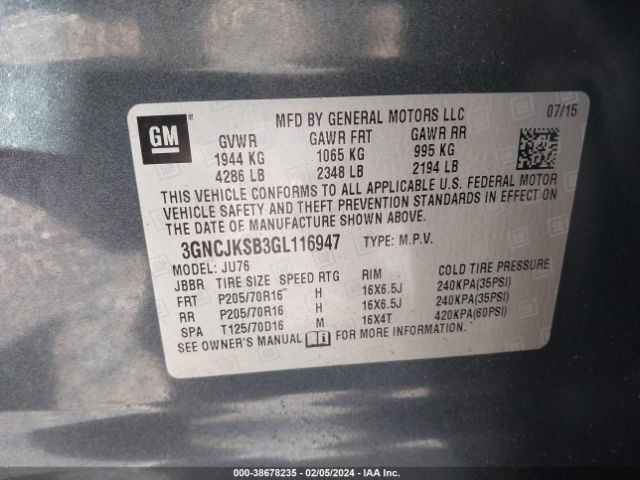 3GNCJKSB3GL116947 Chevrolet Trax 1ls