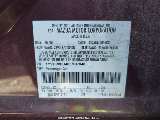 2006 MAZDA MAZDA6 SPORT S VIN: 1YVHP80D465M07048