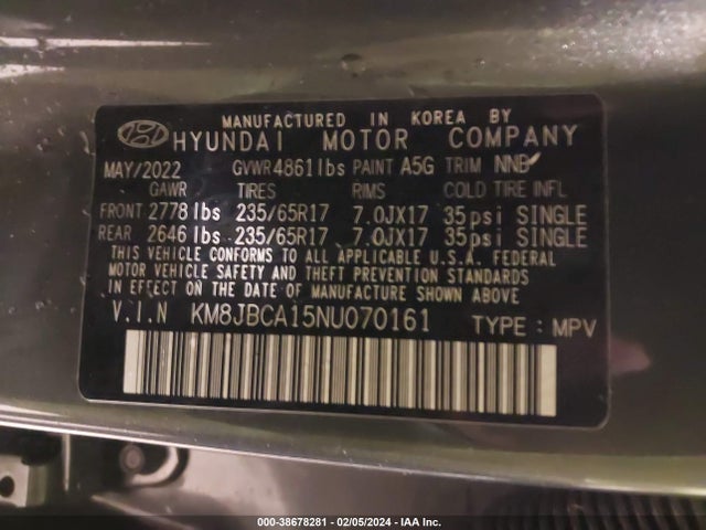 KM8JBCA15NU070161 Hyundai Tucson Hybrid Blue