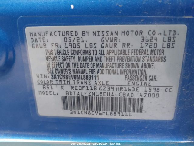 3N1CN8EV6ML889111 Nissan Versa Sv Xtronic Cvt
