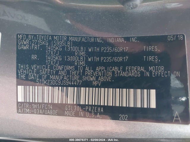 Toyota Sienna Le 8 Passenger 2018 5TDKZ3DC9JS944477 Image 9