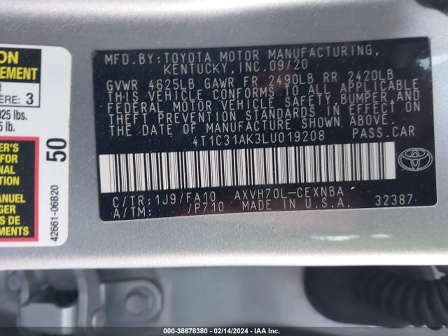 Toyota Camry Le Hybrid 2020 4T1C31AK3LU019208 Image 9