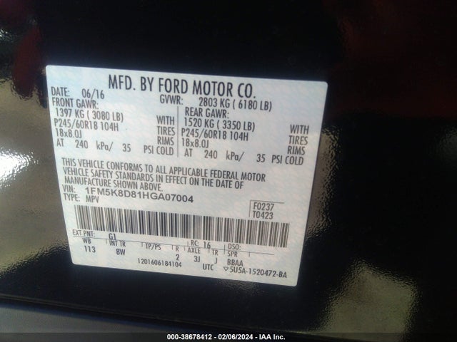 Ford EXPLORER XLT 2017 1FM5K8D81HGA07004 Image 9