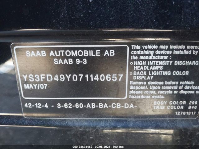 2007 SAAB 9-3 YS3FD49Y071140657 Photo 8