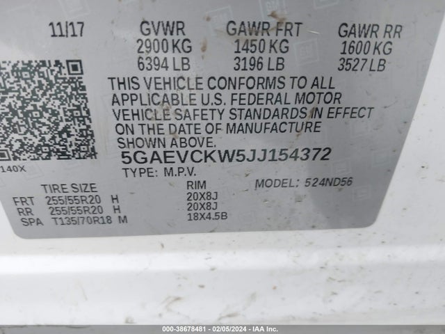 2018 BUICK ENCLAVE AVENIR VIN: 5GAEVCKW5JJ154372