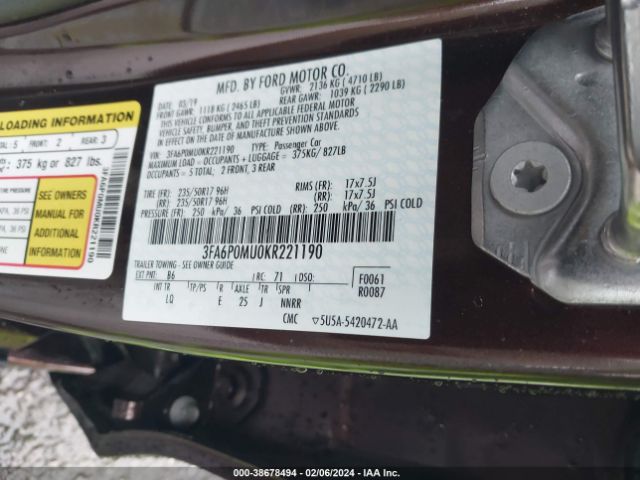 3FA6P0MU0KR221190 Ford Fusion Hybrid Sel
