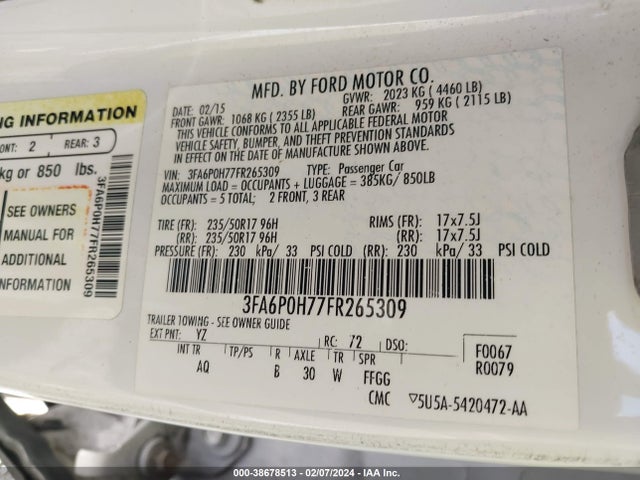 Ford FUSION SE 2015 3FA6P0H77FR265309 Image 9