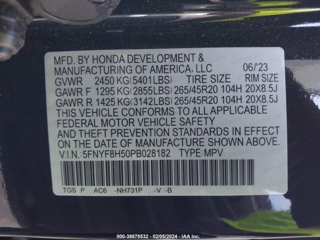 Honda Passport Awd Ex-l 2023 5FNYF8H50PB028182 Image 9