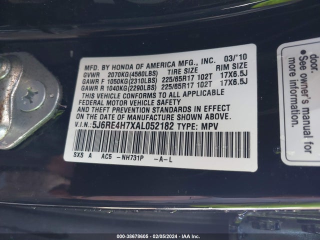 2010 HONDA CR-V EX-L VIN: 5J6RE4H7XAL052182