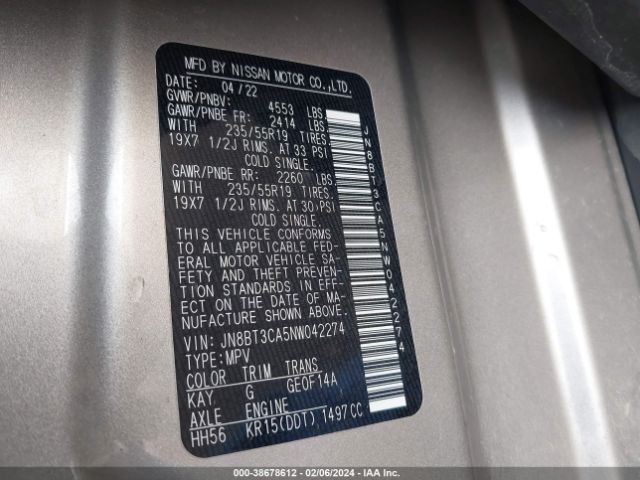 JN8BT3CA5NW042274 Nissan Rogue Sl Fwd