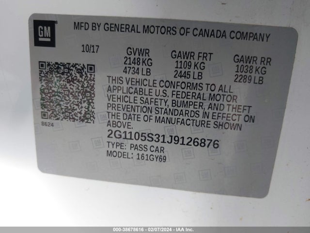 Chevrolet IMPALA 1LT 2018 2G1105S31J9126876 Image 9