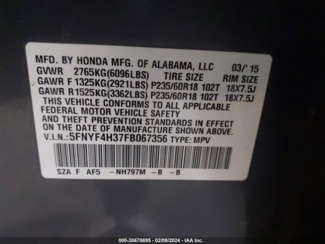 5FNYF4H37FB067356 Honda PILOT SE