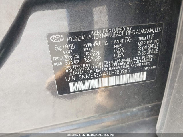 Hyundai Santa Fe Sel 2.0t 2020 5NMS33AA7LH280965 Image 9