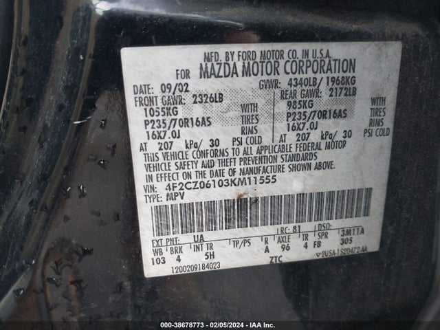2003 MAZDA TRIBUTE ES VIN: 4F2CZ06103KM11555