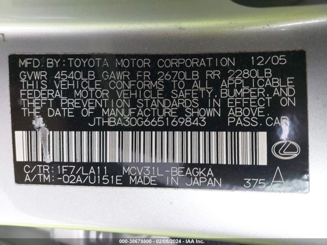 38678800 :رقم المزاد ، JTHBA30G665169843 vin ، 2006 Lexus Es 330 مزاد بيع