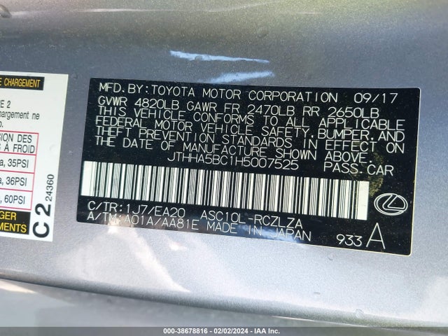 Aukcja sprzedaży 2017 Lexus Rc 200t, vin: JTHHA5BC1H5007525, numer aukcji: 38678816