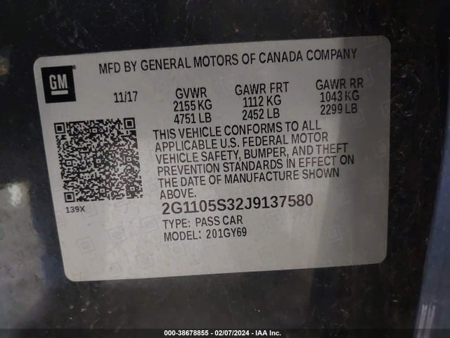 Chevrolet IMPALA 1LT 2018 2G1105S32J9137580 Image 9