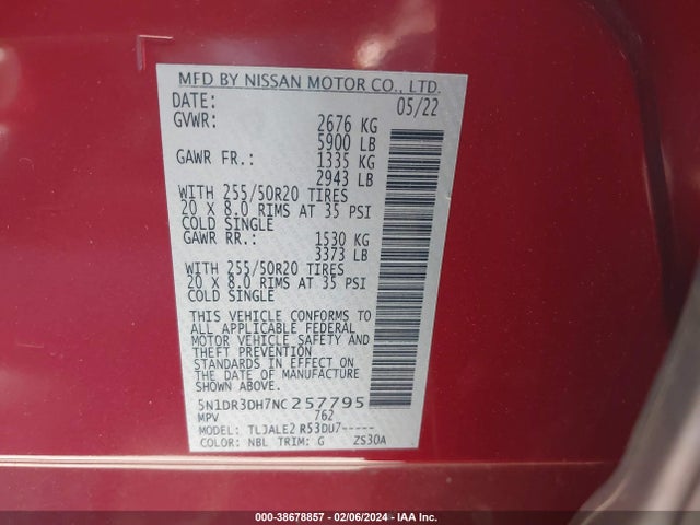 Nissan Pathfinder Platinum 2wd 2022 5N1DR3DH7NC257795 Image 9