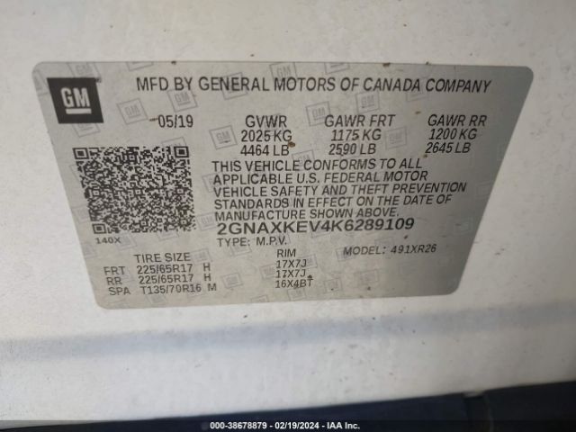 2GNAXKEV4K6289109 Chevrolet EQUINOX LT
