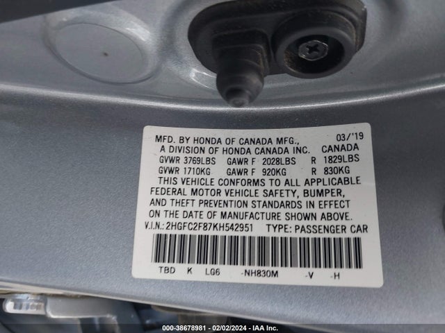 Honda Civic Sport 2019 2HGFC2F87KH542951 Image 9