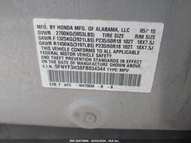 5FNYF3H38FB034344 Honda PILOT SE
