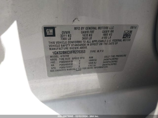 1GKS2BKC9FR276353 GMC YUKON SLT