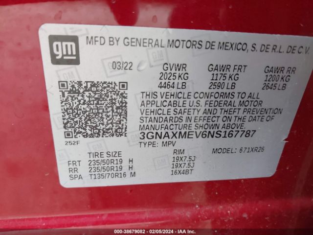 3GNAXMEV6NS167787 Chevrolet Equinox Fwd Rs