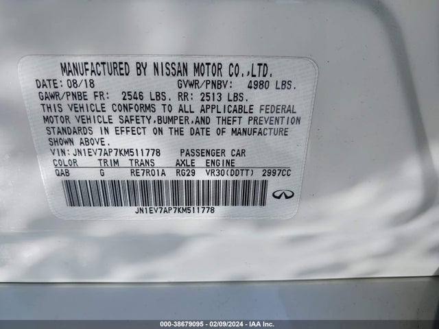 2019 INFINITI Q50 3.0T LUXE VIN: JN1EV7AP7KM511778