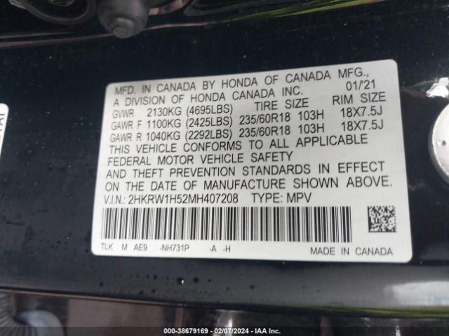 2HKRW1H52MH407208 Honda Cr-v 2wd Ex