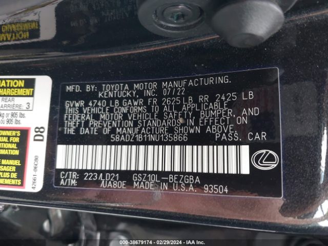 58ADZ1B11NU135866 Lexus ES 350