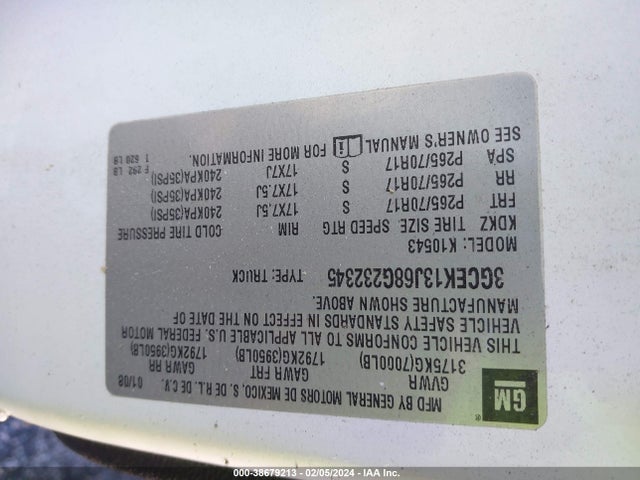 2008 CHEVROLET SILVERADO 1500 LT1 VIN: 3GCEK13J68G232345