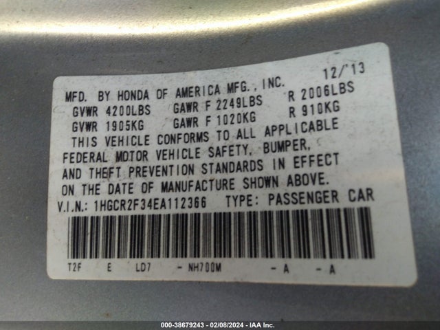 Honda ACCORD LX 2014 1HGCR2F34EA112366 Image 9