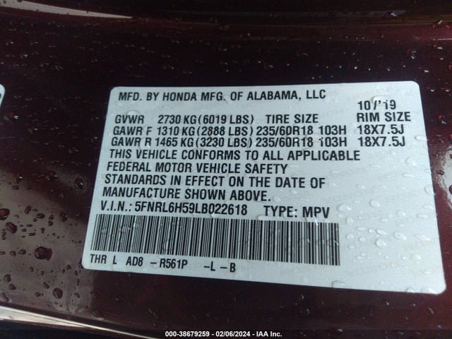 Honda ODYSSEY EX 2020 5FNRL6H59LB022618 Image 9