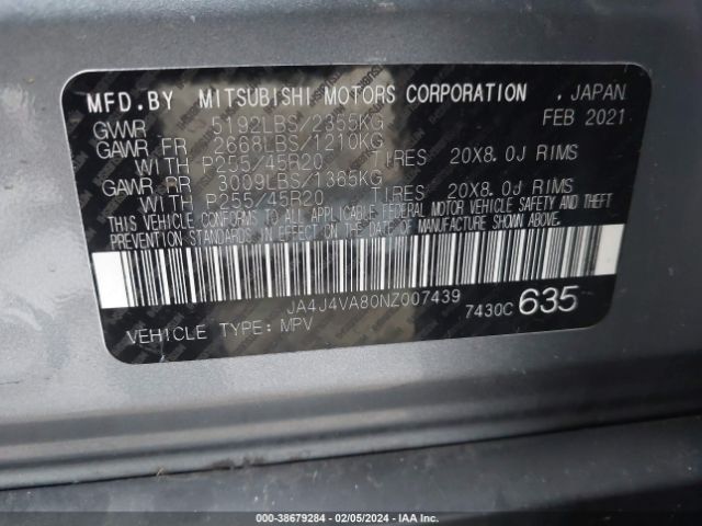 JA4J4VA80NZ007439 Mitsubishi Outlander Sel 2.5 S-awc/sel Launch Edition S-awc/sel Special Edition S-awc