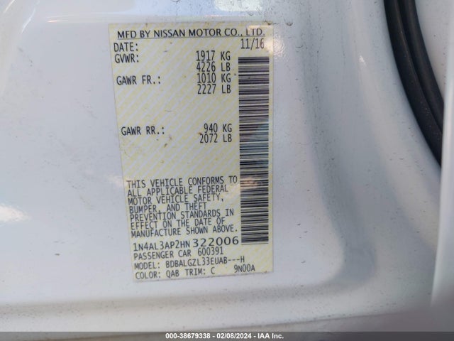2017 NISSAN ALTIMA 2.5 S VIN: 1N4AL3AP2HN322006