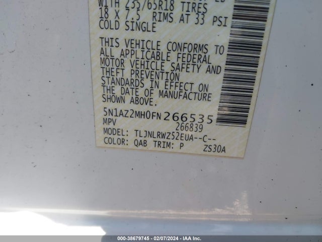 Nissan MURANO SL 2015 5N1AZ2MH0FN266535 Image 9