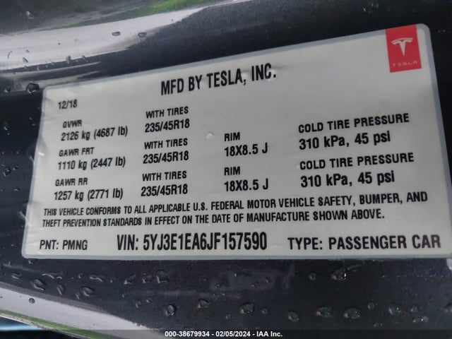 Tesla Model 3 Long Range/mid Range 2018 5YJ3E1EA6JF157590 Image 9