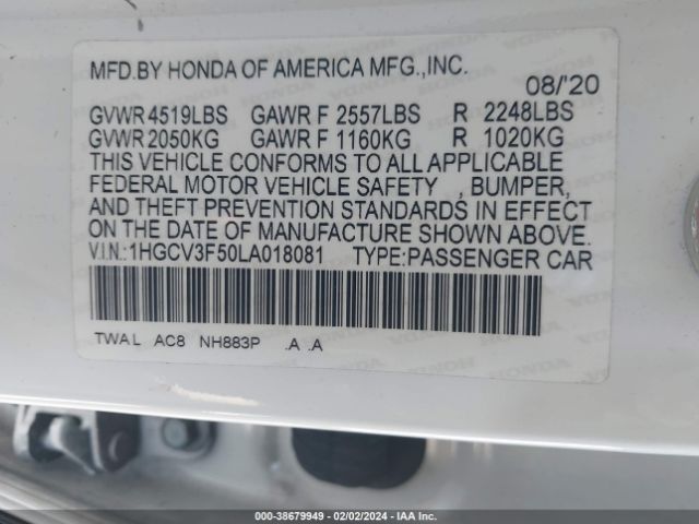 1HGCV3F50LA018081 Honda Accord Hybrid Ex-l