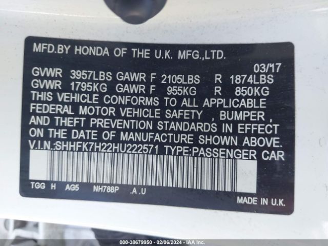 SHHFK7H22HU222571 Honda Civic Lx