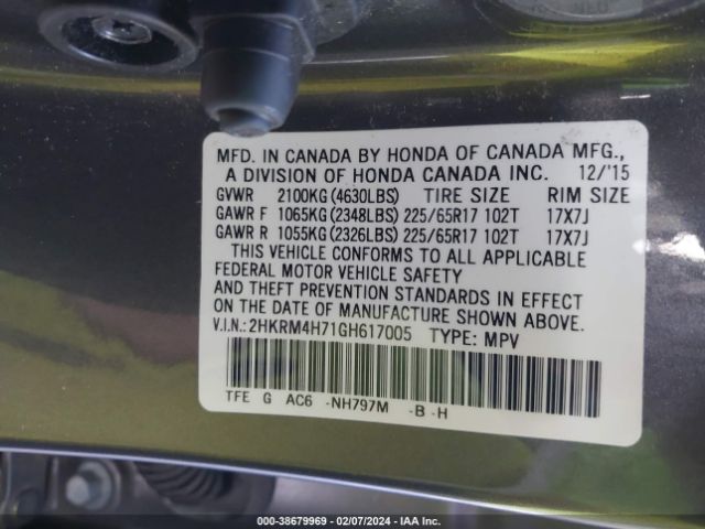 2HKRM4H71GH617005 Honda Cr-v Ex-l