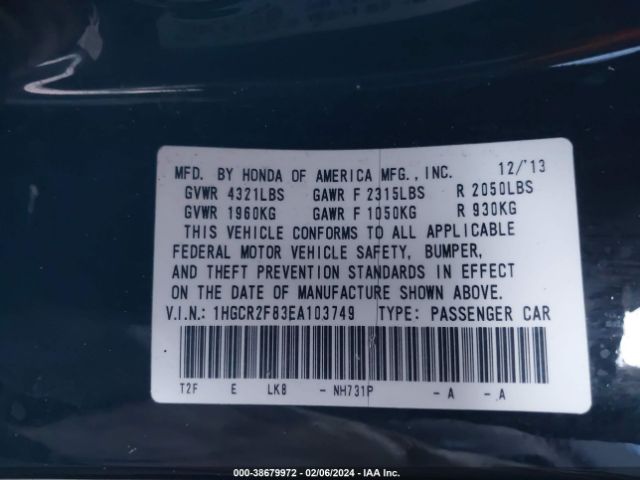 1HGCR2F83EA103749 Honda Accord Ex-l